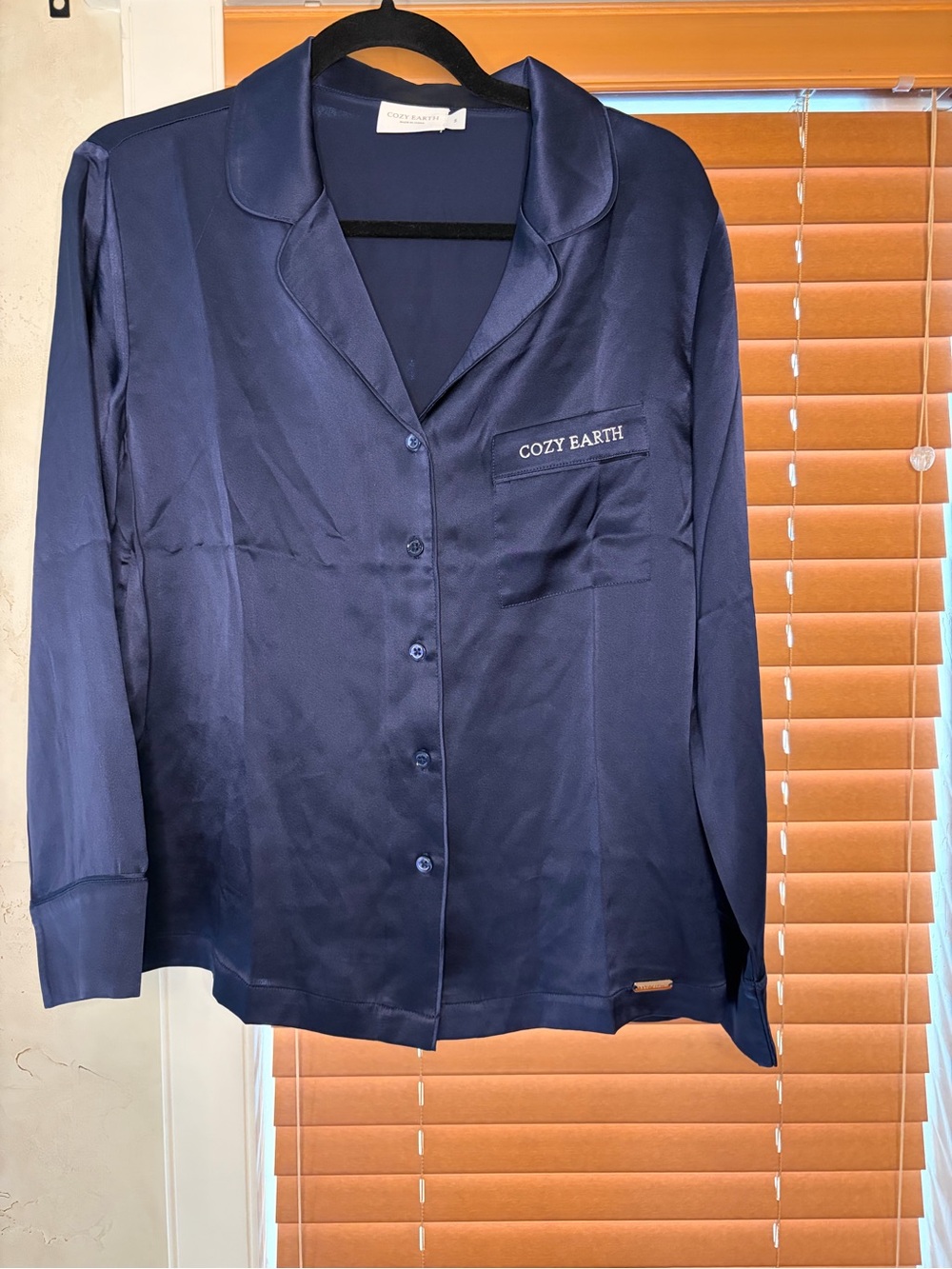 Cozy Earth Women's Navy Satin Long-Sleeve Pajama Top